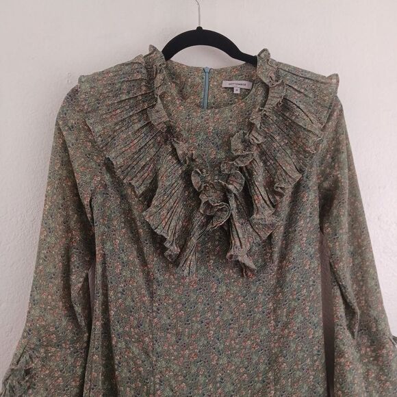 September Floral Frill Yoke High Neck Tiered green Mini Dress size S - Picture 2 of 7